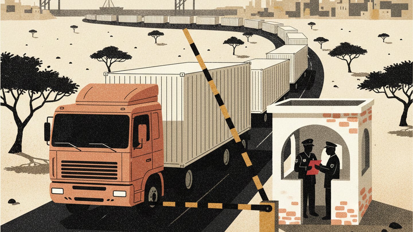 A container truck at a half-raised border barrier