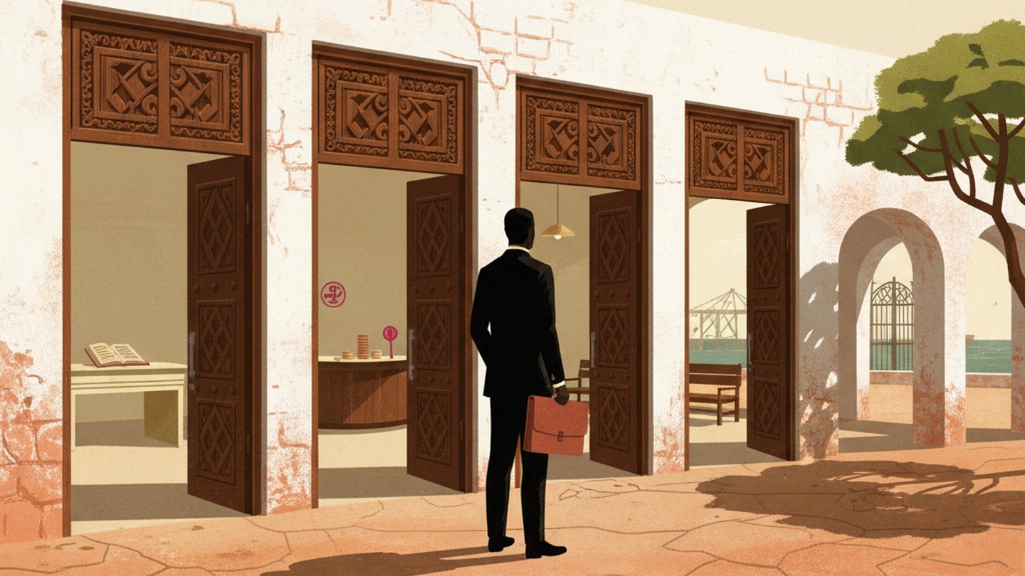 Editorial illustration: a traveller before four Somali doors