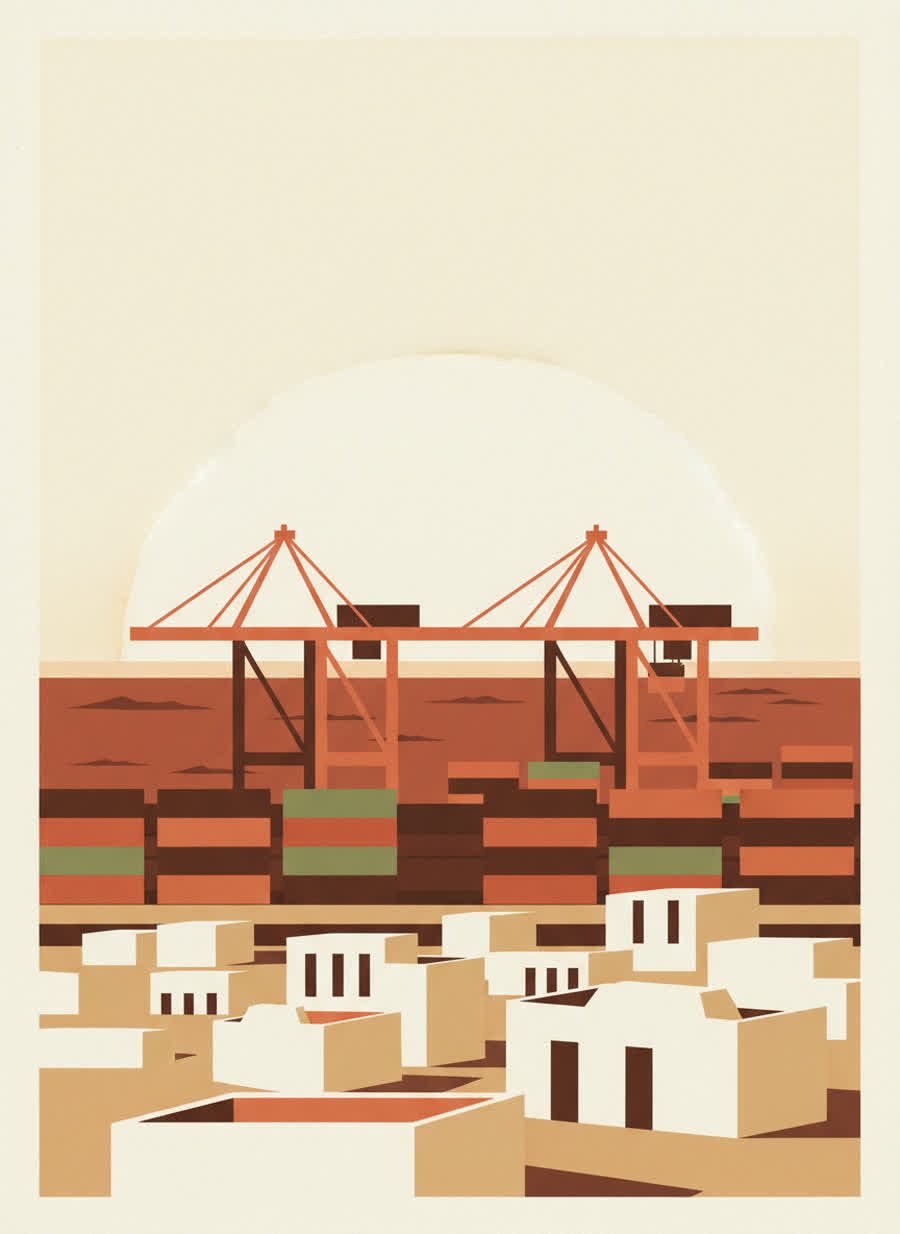 Illustration: port cranes and containers above the whitewashed old town of a Somali coastal city