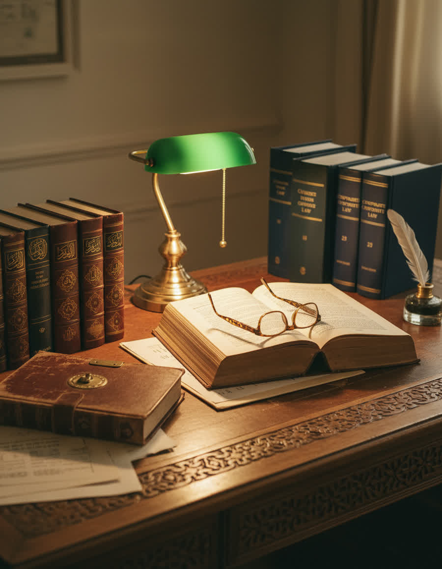 A lawyer’s desk in Mogadishu with Shari’ah texts and corporate law volumes under a reading lamp